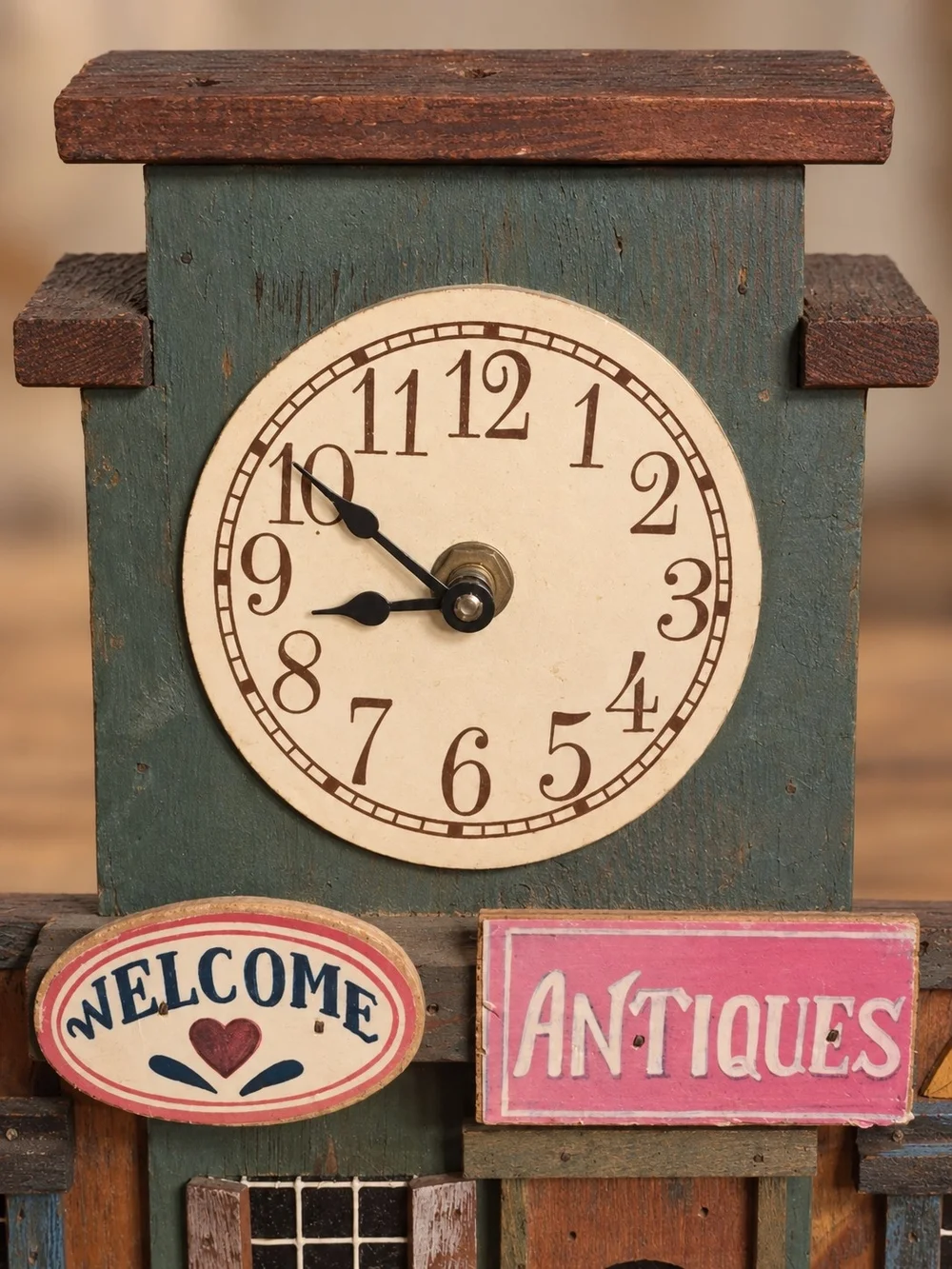 Rustic Green Wooden Wall Clock Decor with Pink Antiques Sign